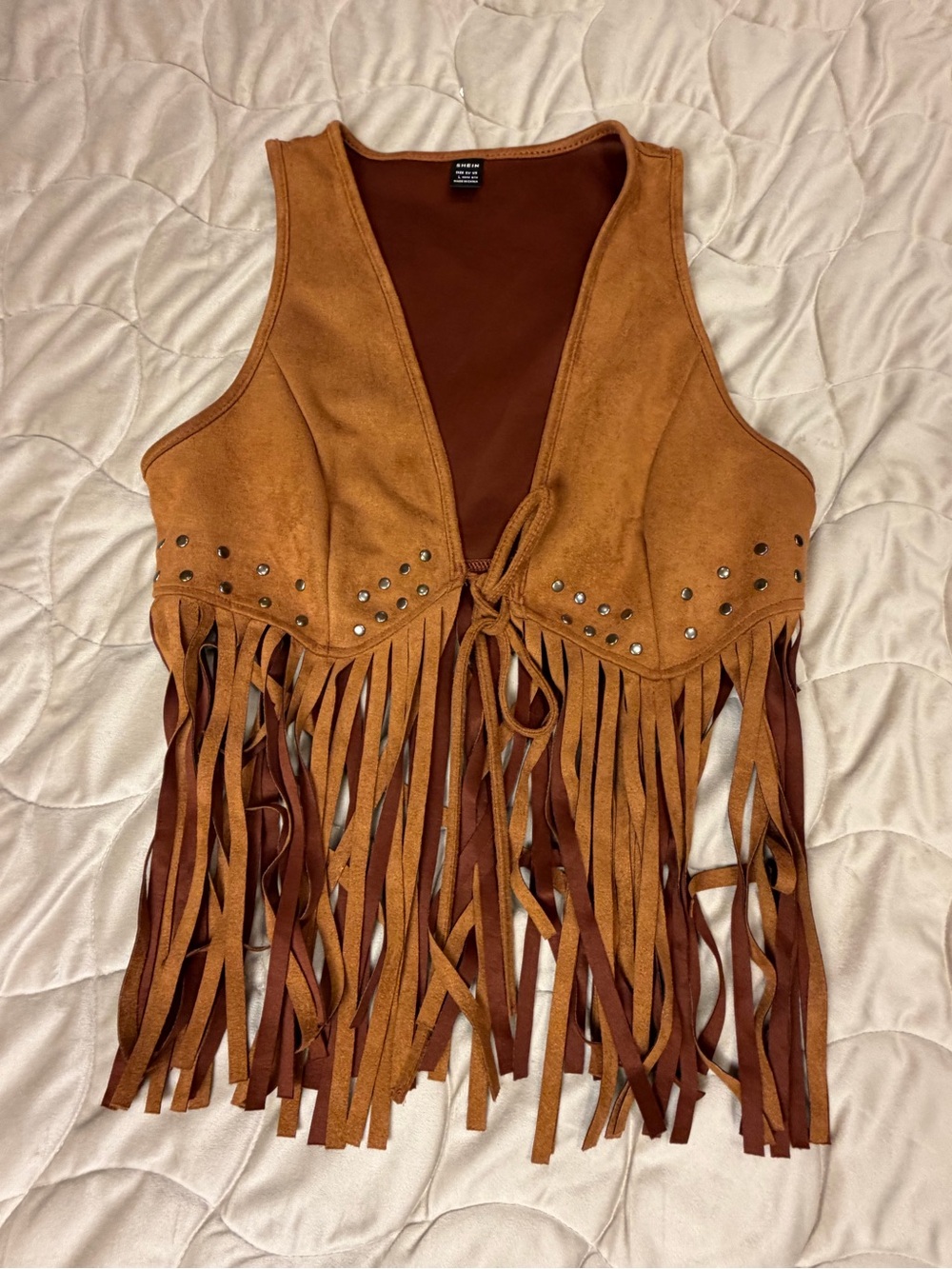 SHEIN Brown Suede-Look Fringe Vest with Studs